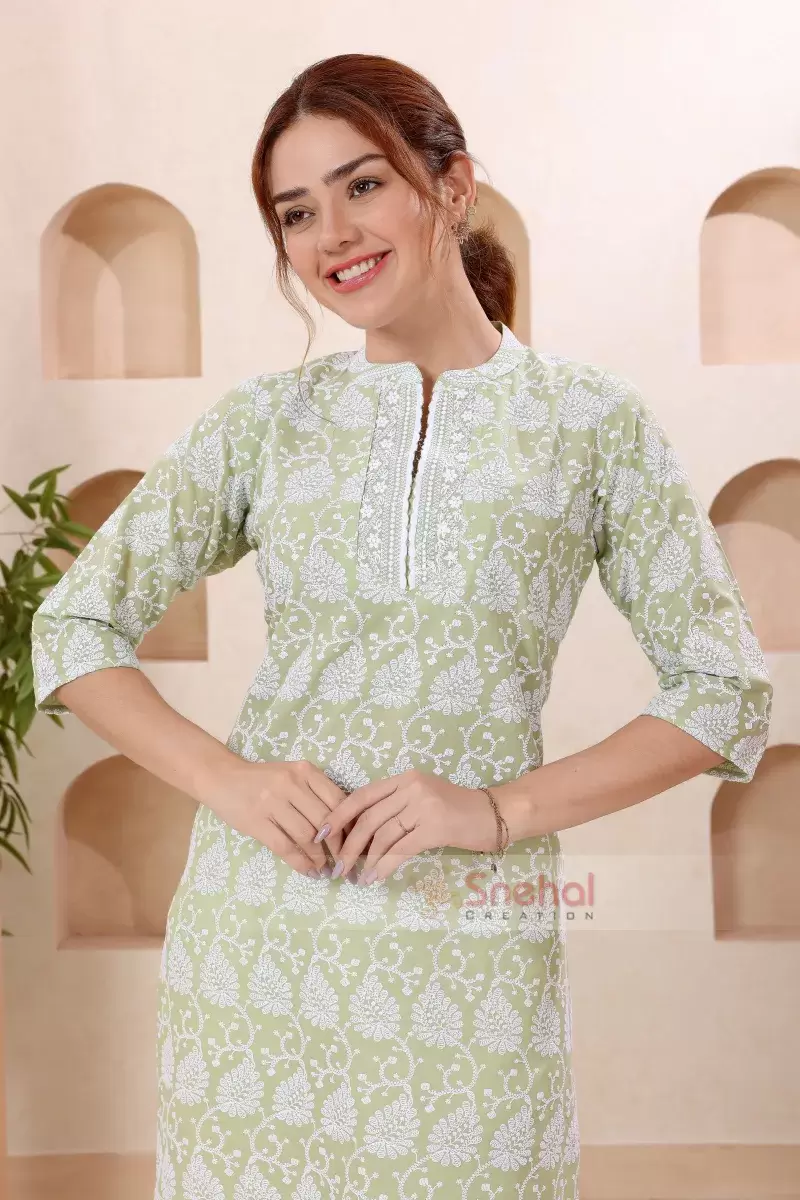 Designer Long Kurti Light Pista Pure Cotton Chikankari Long Kurti for Women